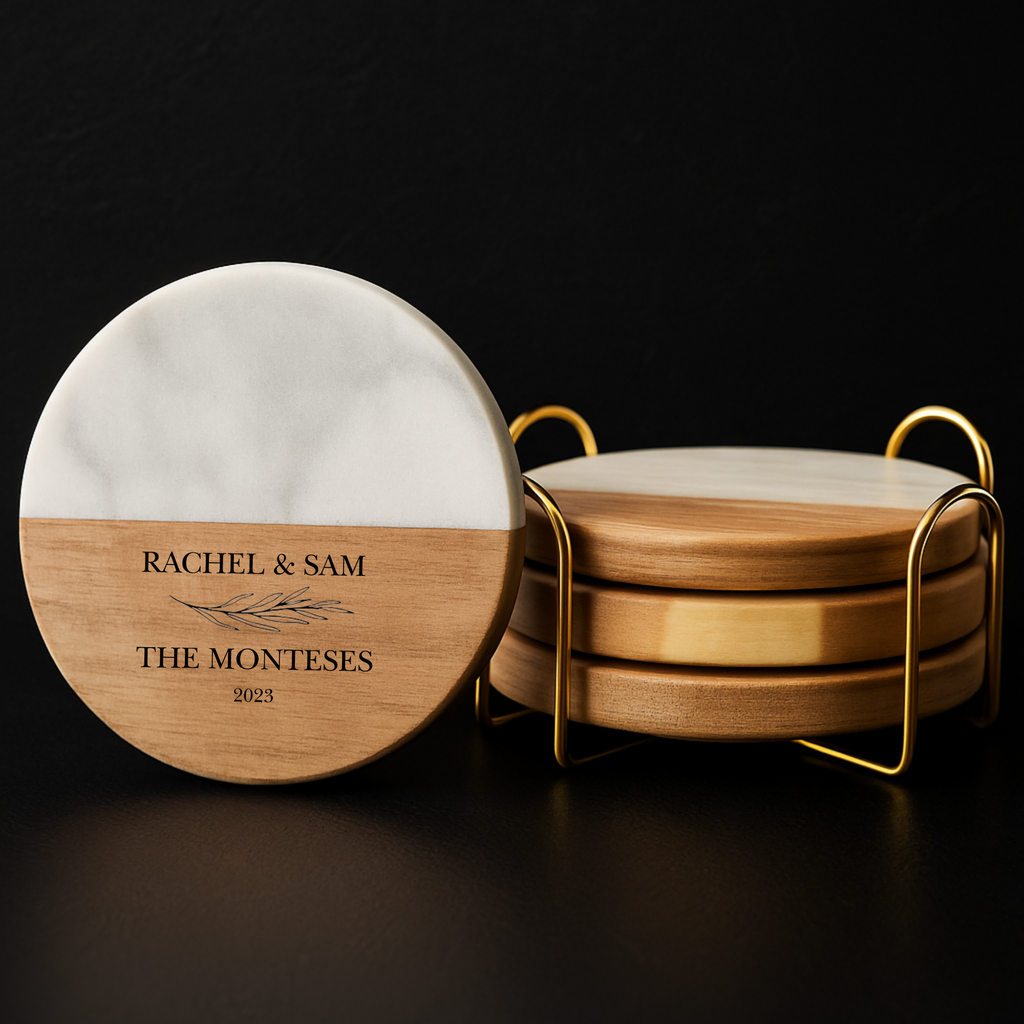 Set of 4 Wood and Marble Coasters Set