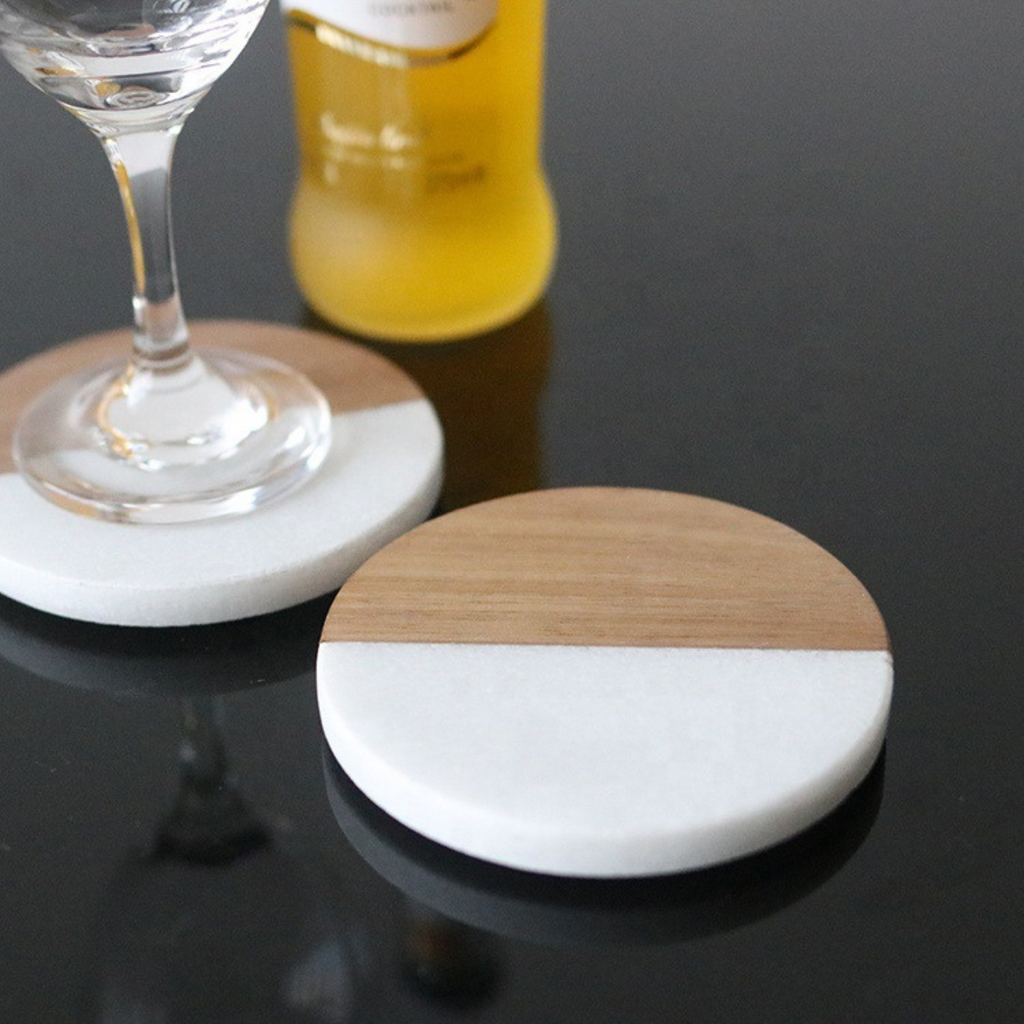 Set of 4 Wood and Marble Coasters Set